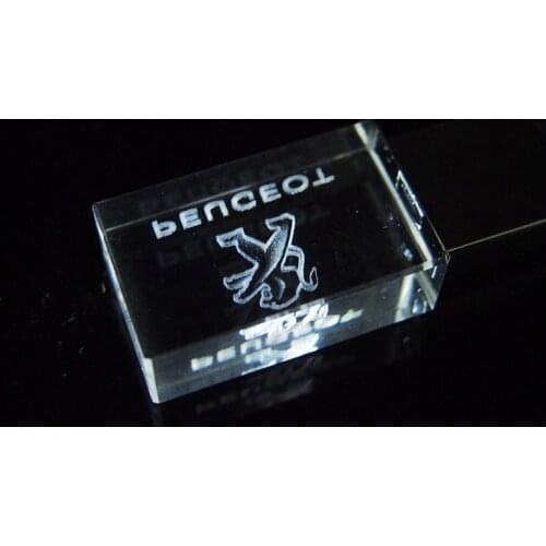 Glass Crystal USB Flash Drive Peuceot Car Logo with LED Light Metal Usb Stick 2.0 4GB 8G 16G 32GB 64GB Photography Gift Pendrive