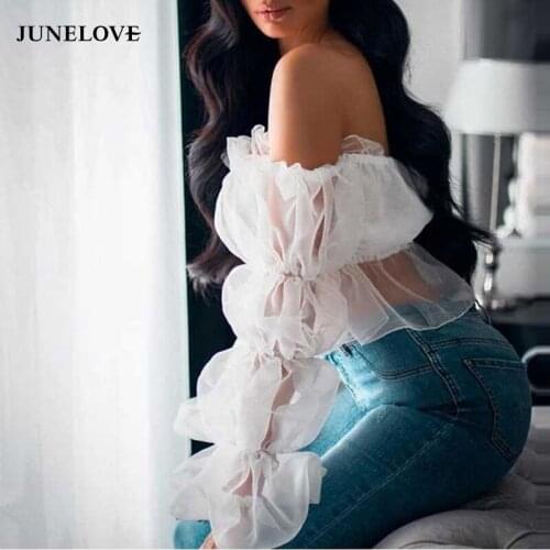 JuneLove Women Autumn Sexy Off Shoulder Blouse Shirts Vintage Female White Crop Top Lantern Sleeve Tube Backless Ruffles Blouse