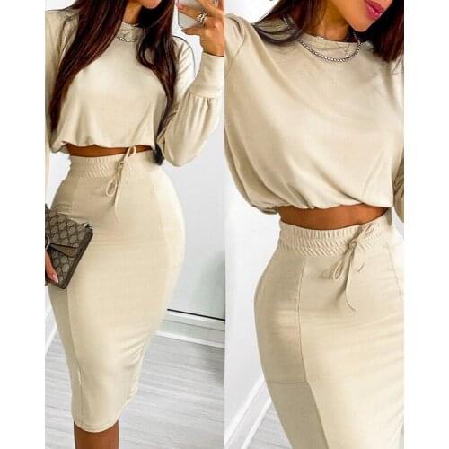 2021 New Autumn Fashion Long Sleeve Top & Drawstring Shirred Skirt Set Sexy Women Crop Two Piece Suits Robe Femme
