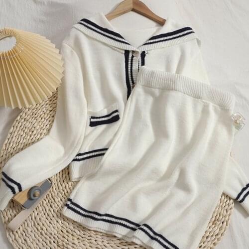Korean Fashion Casual Knitted Two Piece Set Women Navy Collar Sweater Cardigan Tops + Skirt Suits 2021 New Autumn 2 Piece Sets