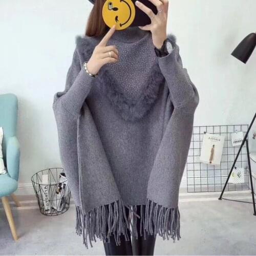 2020 New Winter Women Knitted Sweaters V Style Fur Beading Diamond Neck Poncho Grey Black Cape Loose Batwing Sleeves Pullovers