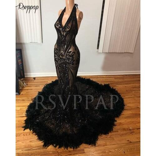 Black Mermaid Long Prom Dresses 2021 Real Picture Sexy V-neckline Glitter Sequin Feathers African Black Girl Prom Dress