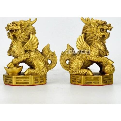 1Pair Pure Copper Unicorn Kylin Step On Eight Trigram Statues Home Decoration Craft Town House Lucky Office Feng Shui Ornament