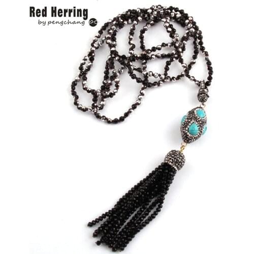 Free Shipping Fashion 4mm Mini Half Black Color Glass Knotted Handmake Paved Ball Crystal Tassel Necklaces