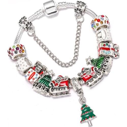 Christmas Tree Charm Bracelet Bangle Original Sleigh Colorful Santa Gift Box White Snow Elk Beads Bracelets For Women Men Gifts