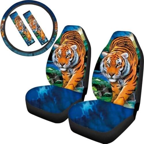 INSTANTARTS 3D Animal Tiger Print 5pcs Front Seat Covers for Women Warm Car Steering Wheel Cover Waterproof Car Seat Belts Set