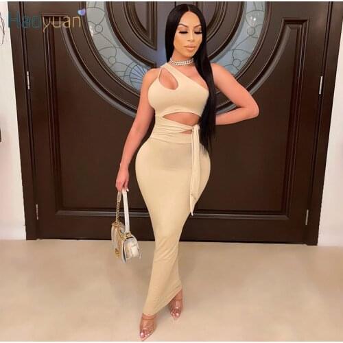HAOYUAN Sexy Two Piece Set One Shoulder Bandage Hollow Crop Top Bodycon Maxi Dress Summer Club Outfits Night Party Matching Sets