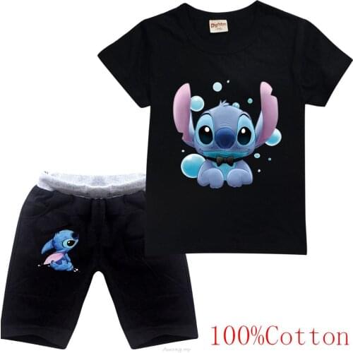 Disney Stitch Baby Boy Clothes Sets Cotton Girl Tees Tops Jeans 2Pcs Children Outfits Kids Sport Suits Clothes