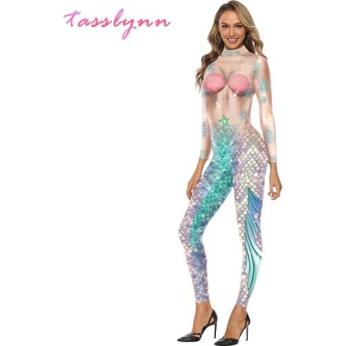 Halloween Costumes for Women Mermaid Cosplay Digital Print Slim Fitting Long Sleeve One Piece Suit Stage Performance Costume