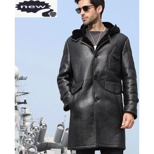 Autumn Winter Fashion Mens Natural Sheepskin Coat Long Slim Casual Biker Hooded Pockets Genuine Leather Jacket Streetwear