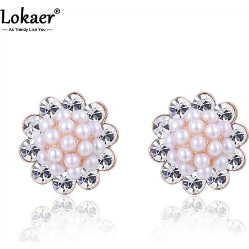 Lokaer Sparkling CZ Crystal Flower Stud Earrings For Women Girl Trendy Bohemia Style White Simulated Pearl Beach Earrings E15003