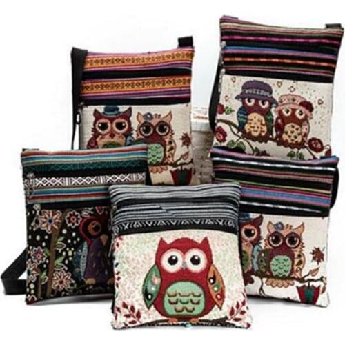 M496 2017 Cartoon Owl Print Messenger Bags Canvas Female Shoulder Bags Double Zipper Women Mini Shoulder Handbags Wholesale