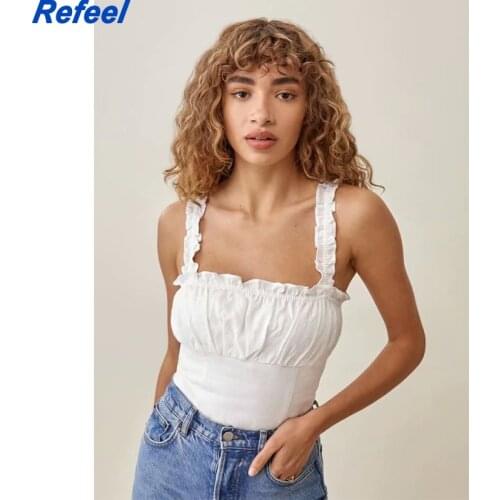 Summer Ruffles Sexy Skinny Women Tank Tops Spaghetti Strap Sleeveless Casual Female Tanks Solid Cotton Fashion Lady Short Top