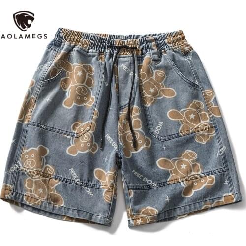 Aolamegs Jeans Men Cartoon Bear Print Short Baggy Jeans Homme Casual Cool Denim Shorts Harajuku Streetwear Trousers Pants Male