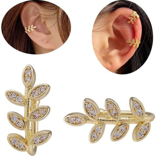 Starose 1Pc or 2Pcs Hot Gold Color Leaf Ear Clip Earrings for Women Ladies Crystal Fake Helix Piercing Ear Cuff Earrings Jewelry