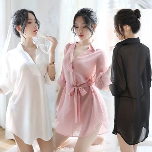 Sexy Lingerie Women Temptation Cute Princess Chiffon Perspective Lace Suit Solid Color Sexy Shirt Pajamas