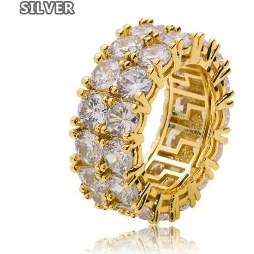 Hip Hop CZ Stone 2 Row Rock Luxury Ring Men Women Punk 18 K Gold Silver Finger Rings Anel Wedding Rings Fashion Jewelry Party