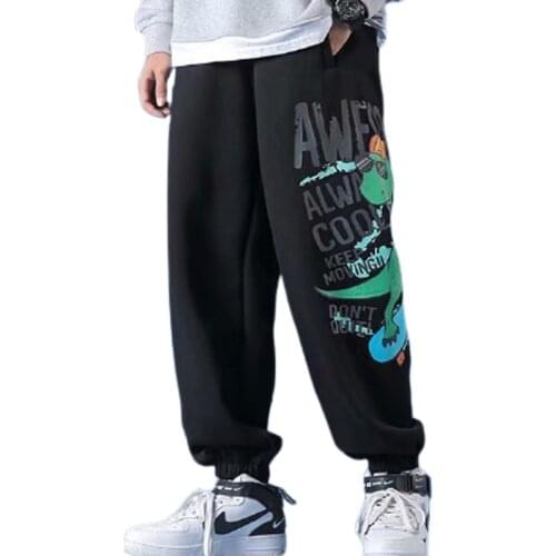 High-Quality Two-Color Hip-Hop Pants Male Cartoon Print Plus Velvet Loose Feet Sports And Leisure College Trousers