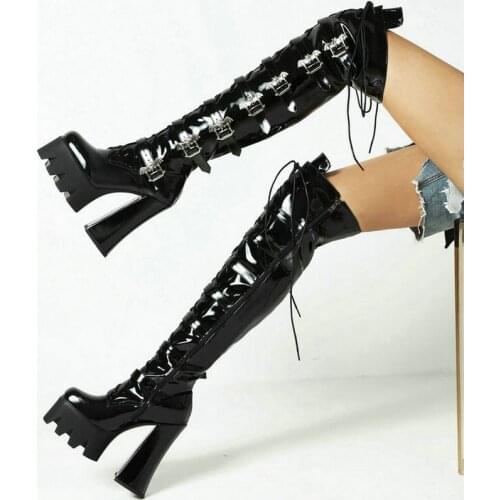 2021 Women Over the Knee Boots Platform Super Square High Heel Ladies Thigh Boots Patent PU Leather Side Zipper Womens Boots