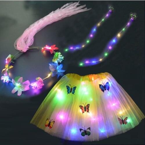 Women Girls Dress Up Princess Fairy Costume Set with Skirt Flower Wreath Headband DIY Hair Lights String Christmas Glow Party