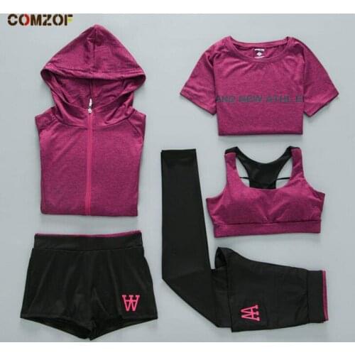 High quality women sports training sets outdoor quick dry yoga 5 piece set coat+pants+shorts+bra+tshirt fitness gym clothing