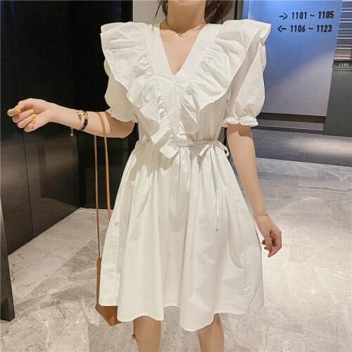 Women White Dress 2021 Summer Sweet Elegant Ruffles V Neck Puff Sleeve High Waist Casual Lace Up Beach Vacation Mini Dresses