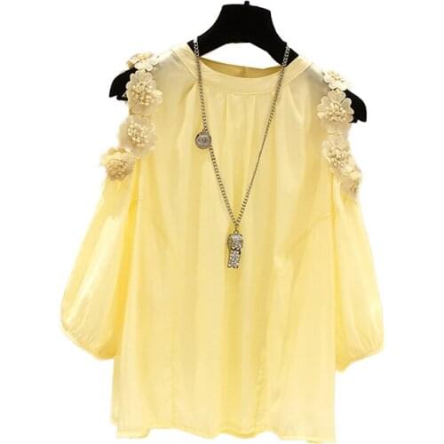 Vestido off-the-ombro camisa selvagem das mulheres novas moda floral bordado chiffon camisa retro metade sopro manga solta