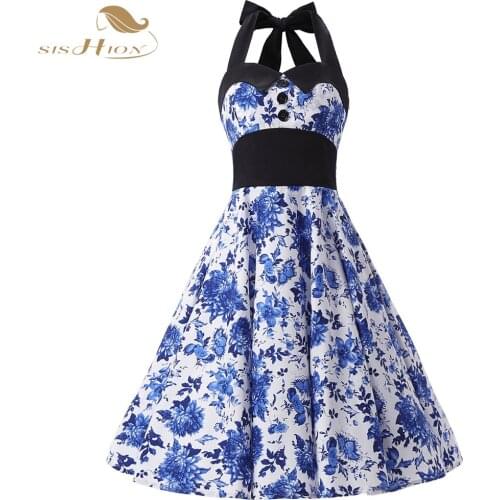 SISHION Elegant china blue Floral Dress Women Halter Button High Waist Tunic Vestidos 50s 60s Vintage Swing Party Dress VD0252