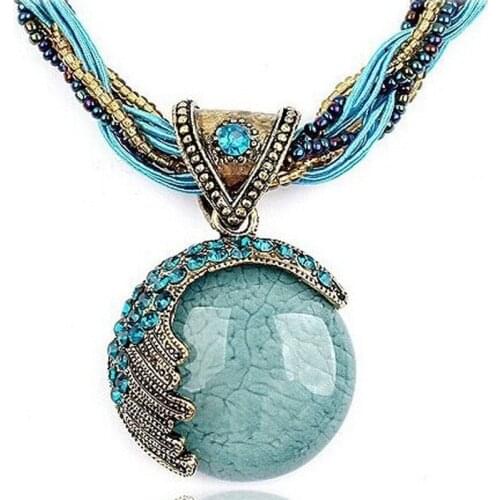 Fashion Elegant Crystal Necklace Pendant Beads Blue Bohemian Gold Chain Necklace for Women