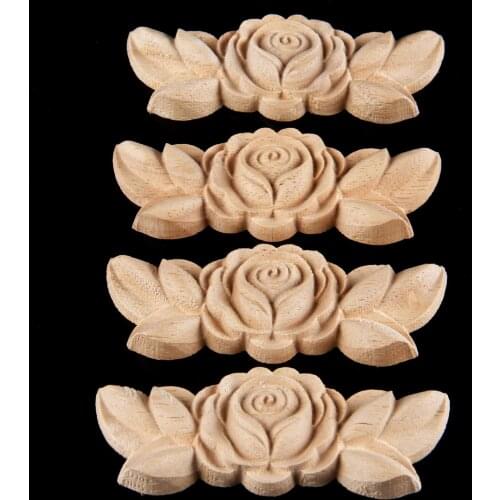 4Pcs 9*3.5cm Flower Woodcarving Corner Decal Unpainted Wood Carved Decal Corner Onlay Applique Frame for Furniture Cabinet Door