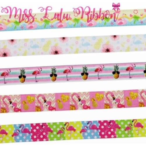 5/8"16mm Flamingo Series Flower Pineapple White Dots Printed Elastic Ribbon Cute Animal Hair Bowknots Making 50yards/roll