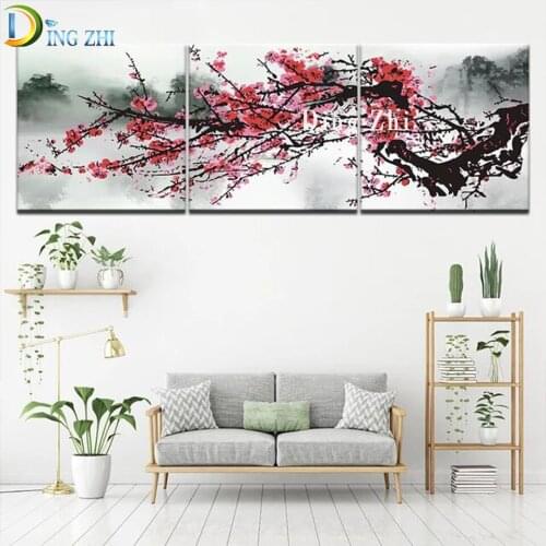 Diamond Painting Plum Blossom Cross Stitch 5D Diamond Embroidery Chinese Wind And Ink Painting Mosaic Triptych Home Beaded Gift
