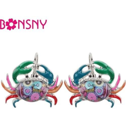 Bonsny Ocean Collection Enamel Alloy Crab Stud Drop French Clip Earrings Elegant Animal Jewelry For Girls Women Lady Accessories