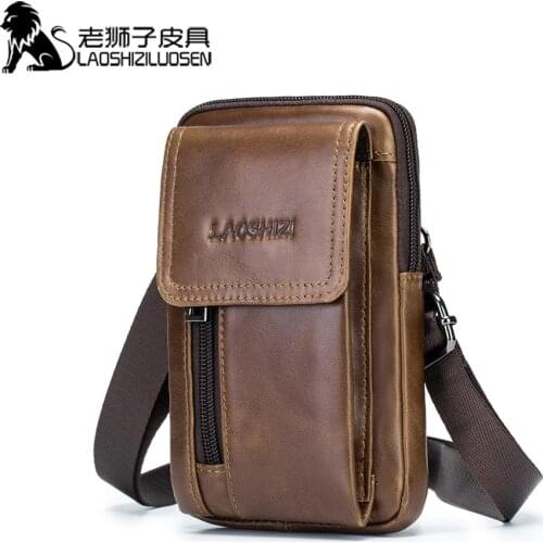 Brand LAOSHIZI Men Genuine Leather Waist Pack Bag Mini Phone Pockets Case Coin Purse Male Money Bags Shoulder Messenger Bag