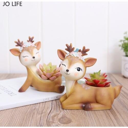 JO LIFE Cartoon Deer Flowerpot Succulent Plant Pot Home Wedding Decoration Animal Plants Resin Vase Ornament