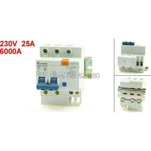 DZ47LE-32 C25 AC 230V 220V 25A 2P 2 Poles 6kA Household Miniature Earth Leakage Circuit Breaker Overload Protection + Lead Rail