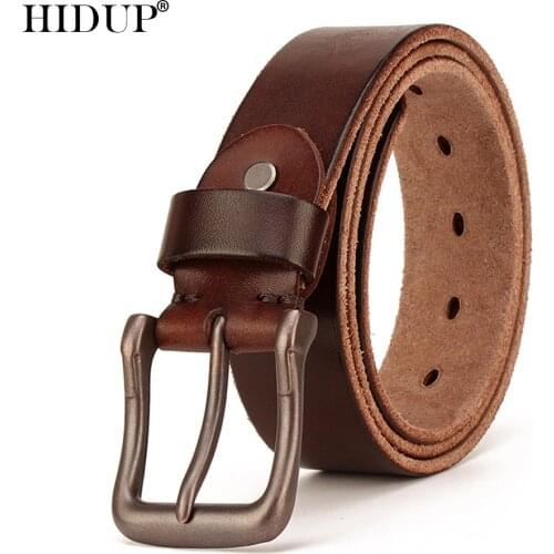 HIDUP 100% Cowhide Leather Belt for Men Mens Top Quality Design Solid Cow Genuine Retro Pin Buckle Belts 38mm Accessories NWJ885