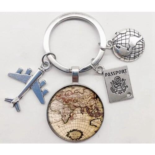 World Map Keychain Travel Exploring Glass Dome Cabachon Aircraft Charm Pendant Keychain Mens and Womens Gift Jewelry Keychain