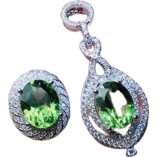 KJJEAXCMY boutique jewelry 925 sterling silver inlaid natural olivine lady Ring Pendant Necklace suit support detection