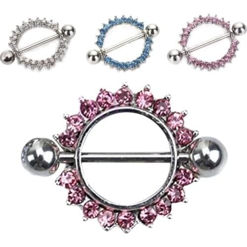 Fashion Circle Nipple Ring Rhinestone Crystal Stainless Steel Sunflower Paved Nipple Rings Body Piercing Jewelry H9