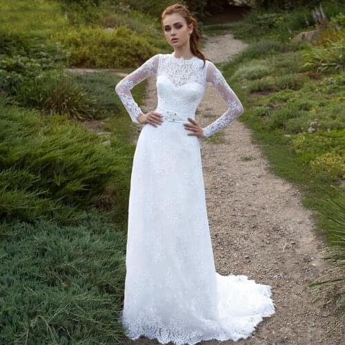 Long Sleeves Lace Scoop Neck Wedding Dresses Sweep Train Sheer Back Bohemian Wedding Dress Plus Size Bridal Gowns Custom Made