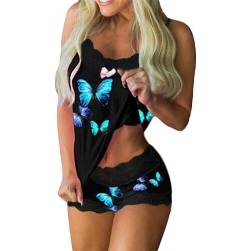 Pajama Set Butterfly Print Spaghetti Strap Women Bowknot Sleeveless Sleepwear Sleeping Pyjamas Sleep Shorts Set Sleepwear Women