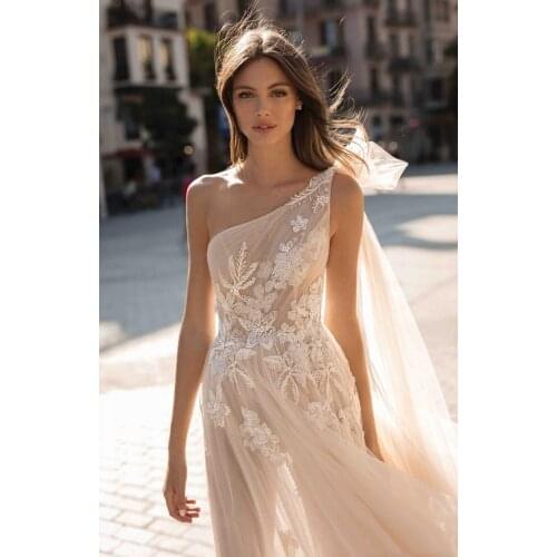 Berta Bohemian Wedding Dresses One Shoulder Lace Appliqued Sequins Boho Wedding Dress A Line Custom Made Bridal Gown Vestidos De