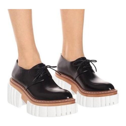 Black White Beige Red Soft Leather British Lace Up Thick Sole Pumps Woman Round Toe Platform 66 mm Chunky Heels Loafers Shoes