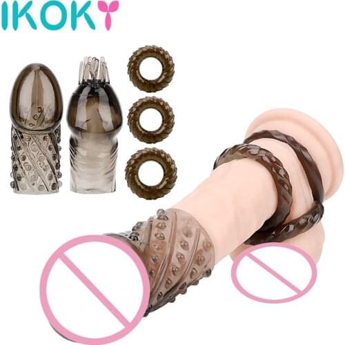 IKOKY 5pcs/set Crystal Glans Sleeve 3 Pieces Cock Rings Penis Ring Penis Extender Enlargement Ejaculation Delay Sex Toys For Men