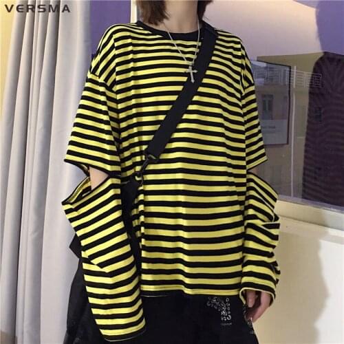 VERSMA Korean Ulzzang Black White Stripe Ripped Long Sleeve T-shirt Men Rock Streetwear Oversized Couple Tshirt Men Dropshipping