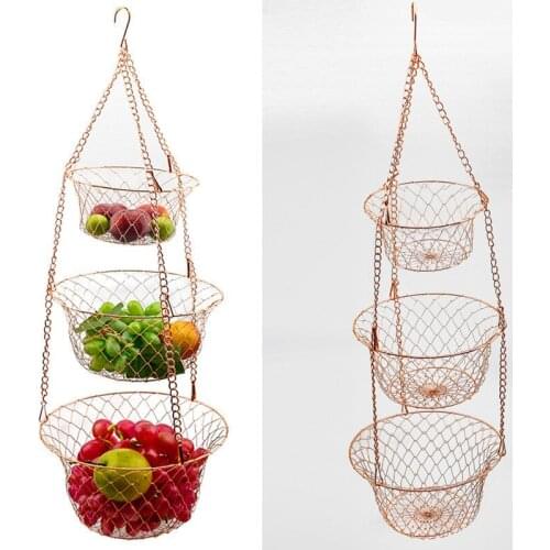 Iron Fruit Hanging Basket Three Layer Foldable Suspension Fruitage Tray Living Room Decoration Garden Flowerpot Plant Net Bag