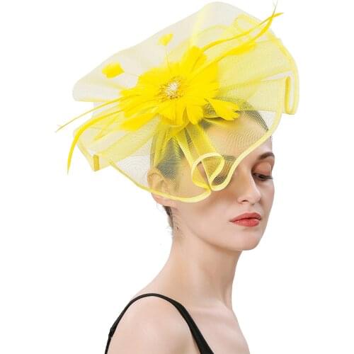 2021 Fashion Mesh Fascinators Hat Women Wedding Cocktail Tea Party Solid Flower Feather Fascinator Headwear Hair Clip