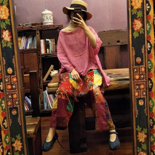 Women Loose Random Patchwork Linen Pants Ladies Elastic Waist Plus Size Harem Pants Female 2020 Summer Flax Trousers