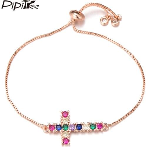Pipitree Fashion Cubic Zirconia Birthstone Cross Charm Bracelet Femme Slider Chain Rose Gold Color Bracelets for Women Jewelry